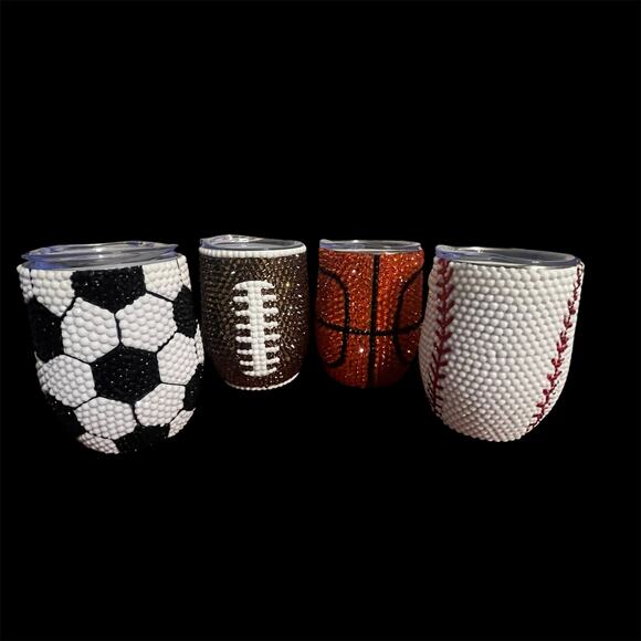 Set of 4 Luxury Custom Crystal Studded Sports Themed  Wine Tumblers 12 oz - Picture 1 of 4